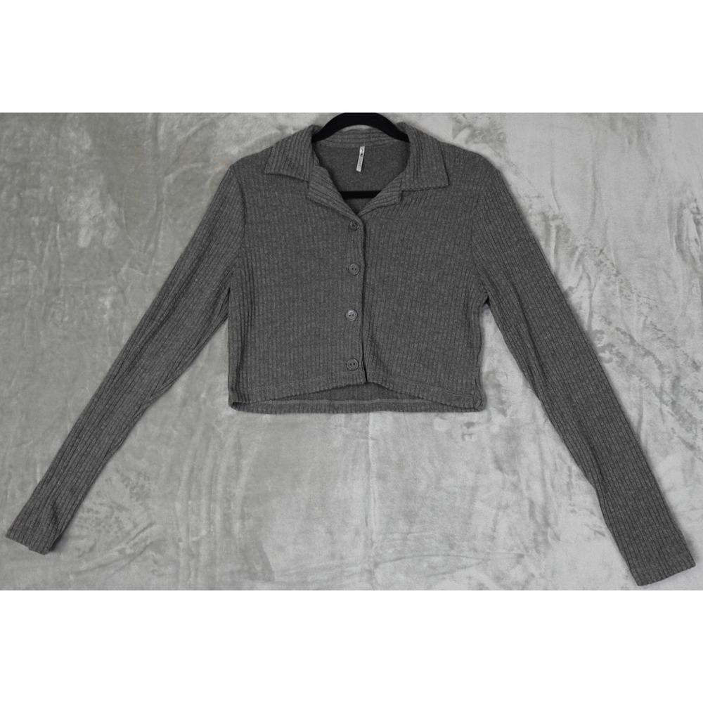 3rd + Malt Sweater Womens Large Gray Cropped Ribbed‎ Polo Collar Button Front